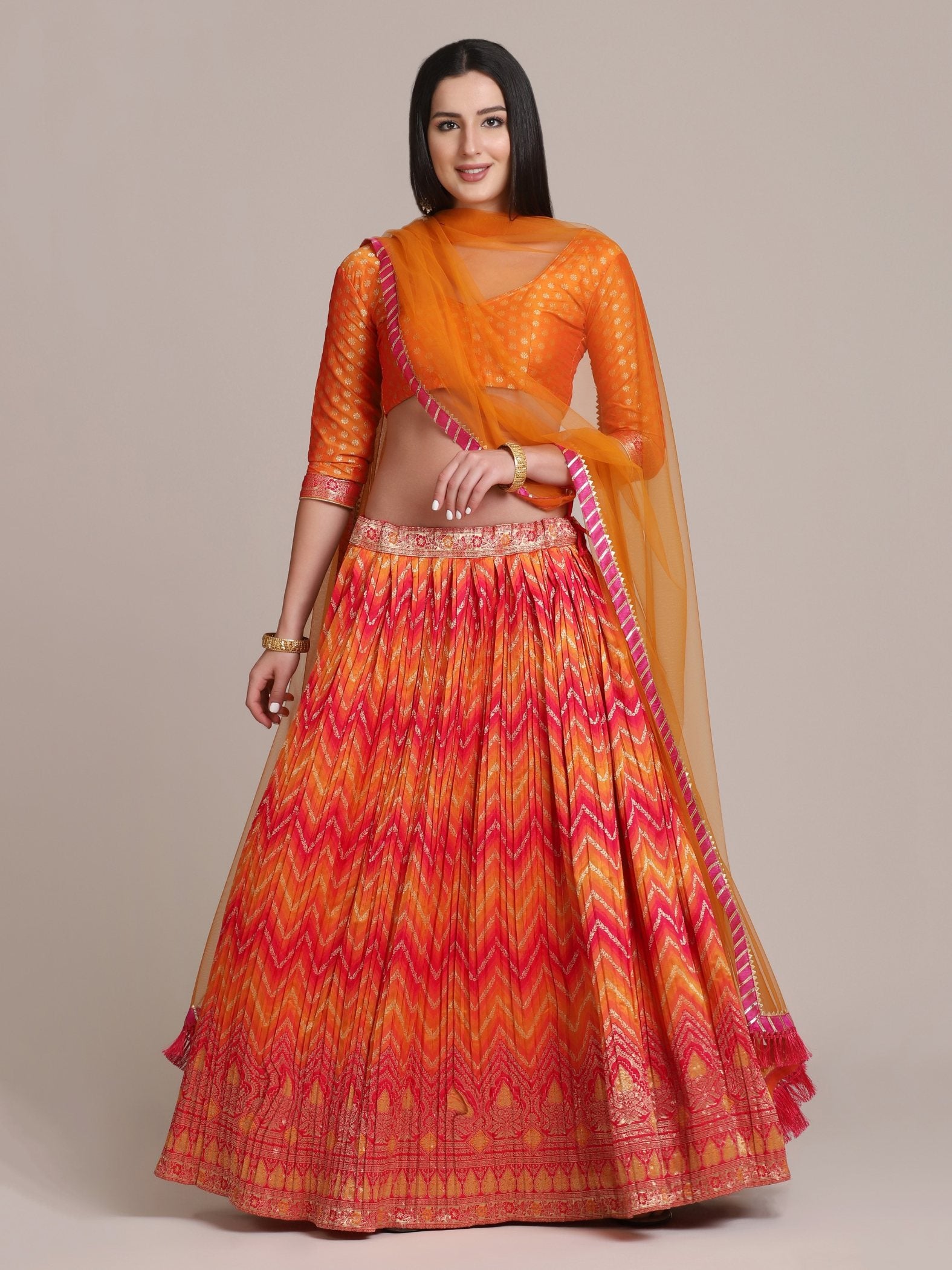 Jyoti Fashion Women's Orange Silk Blend Zari Woven Lehenga Choli with Dupatta - Distacart