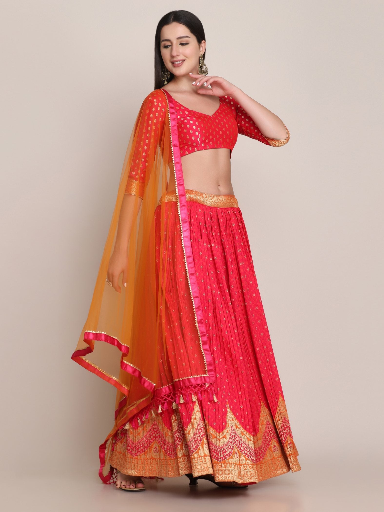 Jyoti Fashion Women's Pink Silk Blend Zari Woven Lehenga Choli with Dupatta - Distacart