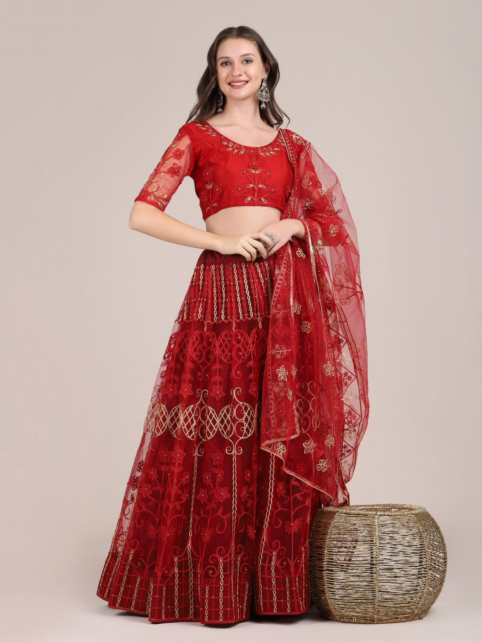 Jyoti Fashion Women's Maroon Net Thread Embroidered Lehenga Choli with Dupatta - Distacart
