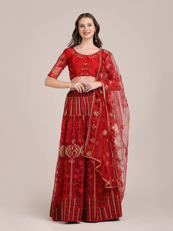 Jyoti Fashion Women's Maroon Net Thread Embroidered Lehenga Choli with Dupatta - Distacart