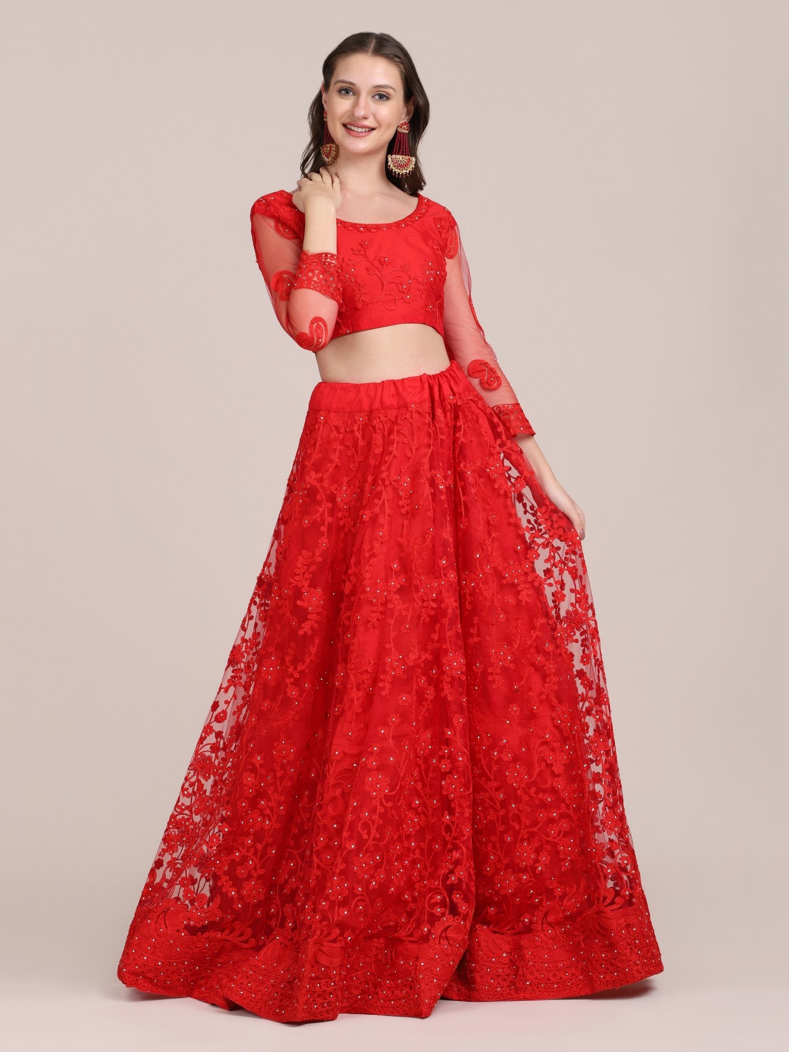 Jyoti Fashion Women's Red Net Thread Embroidered Lehenga Choli with Dupatta - Distacart