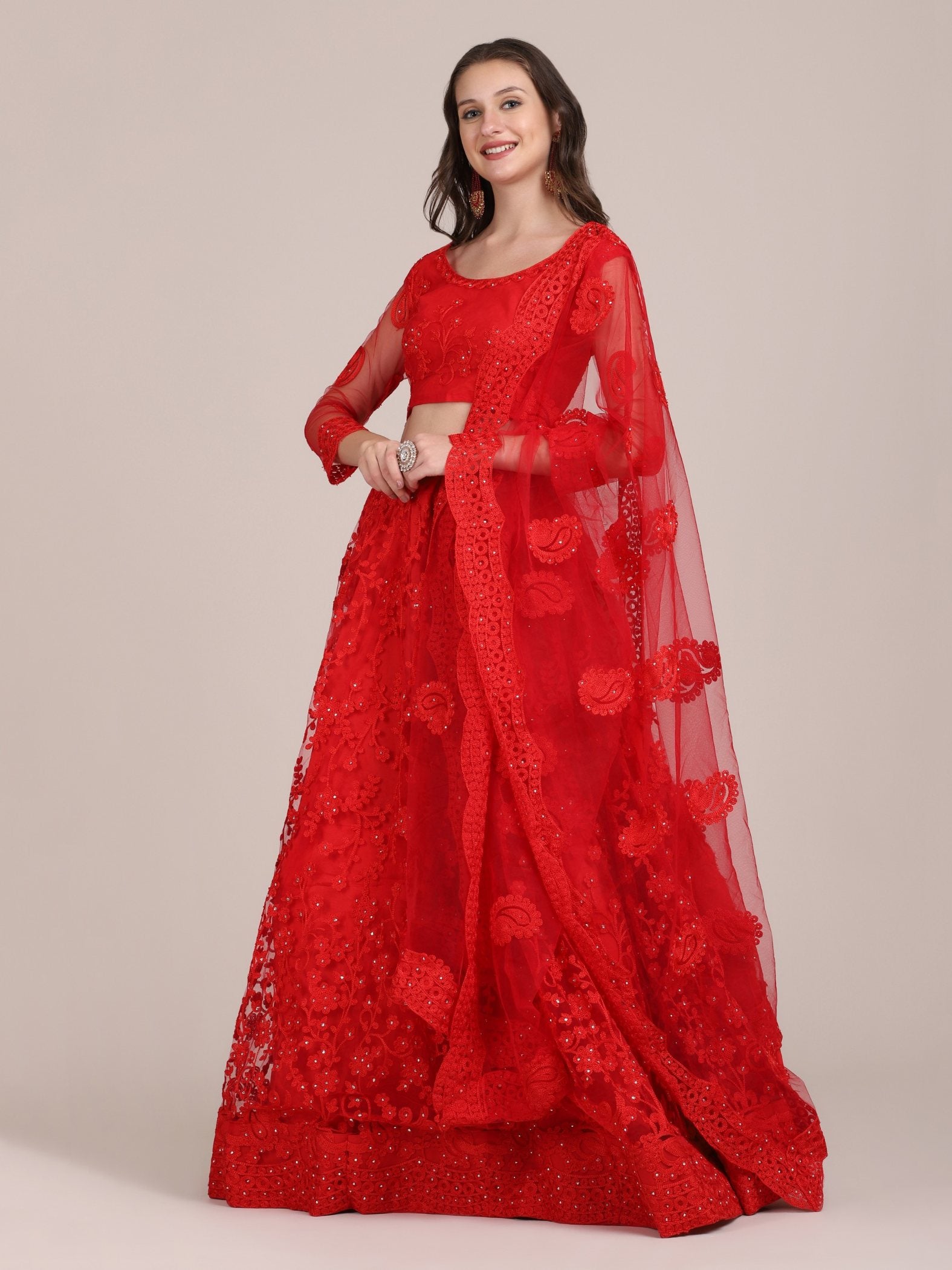 Jyoti Fashion Women's Red Net Thread Embroidered Lehenga Choli with Dupatta - Distacart