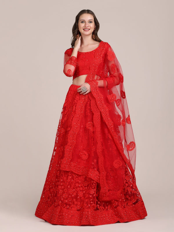Jyoti Fashion Women's Red Net Thread Embroidered Lehenga Choli with Dupatta - Distacart