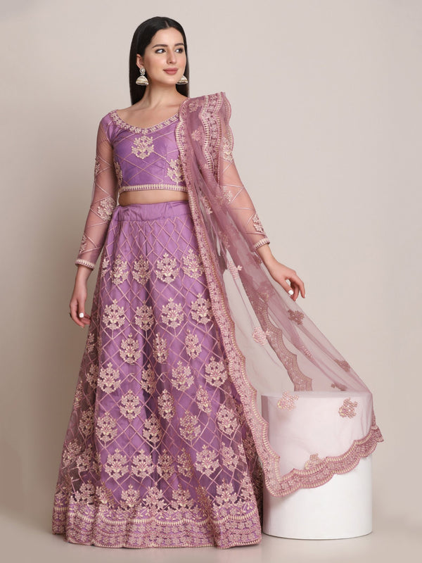 Jyoti Fashion Women's Purple Net Thread Embroidered Lehenga Choli with Dupatta - Distacart