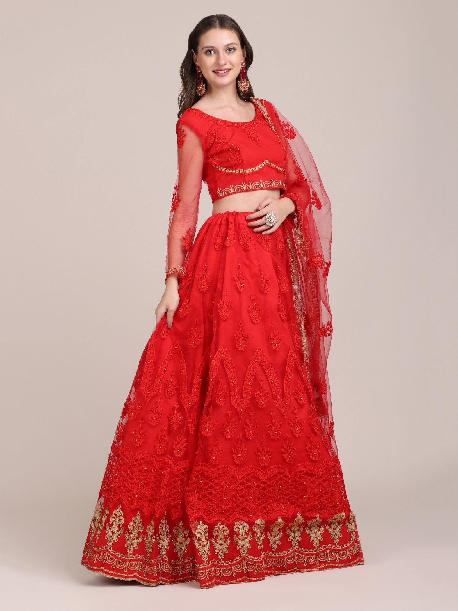 Jyoti Fashion Women's Red Net Thread Embroidered Lehenga Choli with Dupatta - Distacart