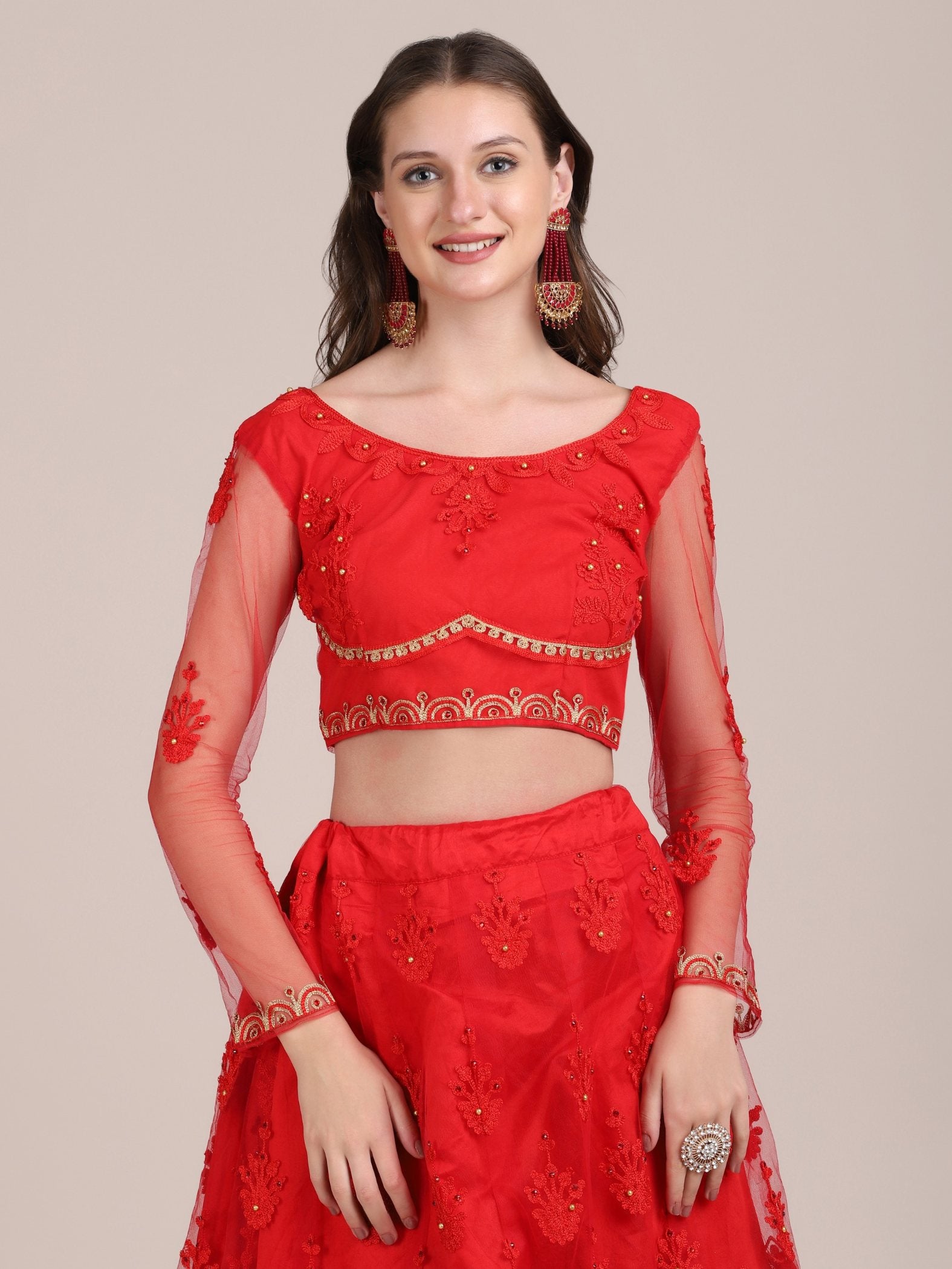 Jyoti Fashion Women's Red Net Thread Embroidered Lehenga Choli with Dupatta - Distacart