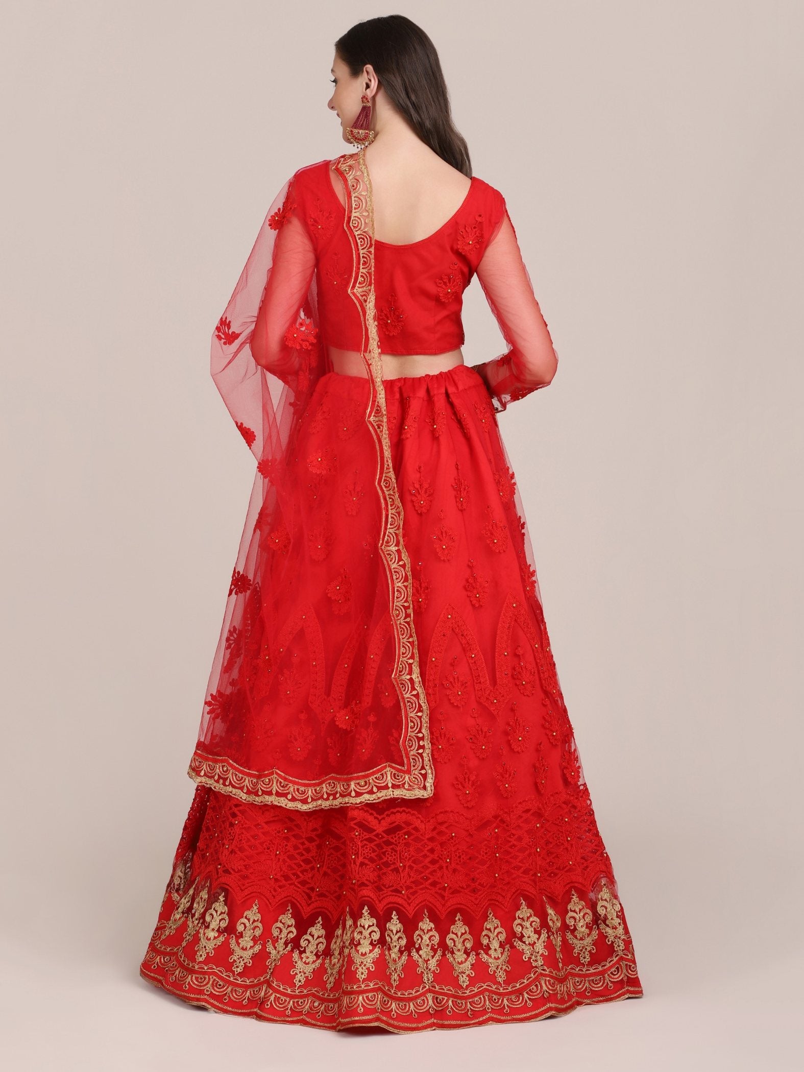 Jyoti Fashion Women's Red Net Thread Embroidered Lehenga Choli with Dupatta - Distacart