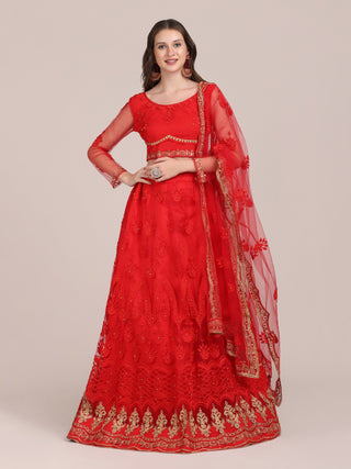 Jyoti Fashion Women's Red Net Thread Embroidered Lehenga Choli with Dupatta - Distacart