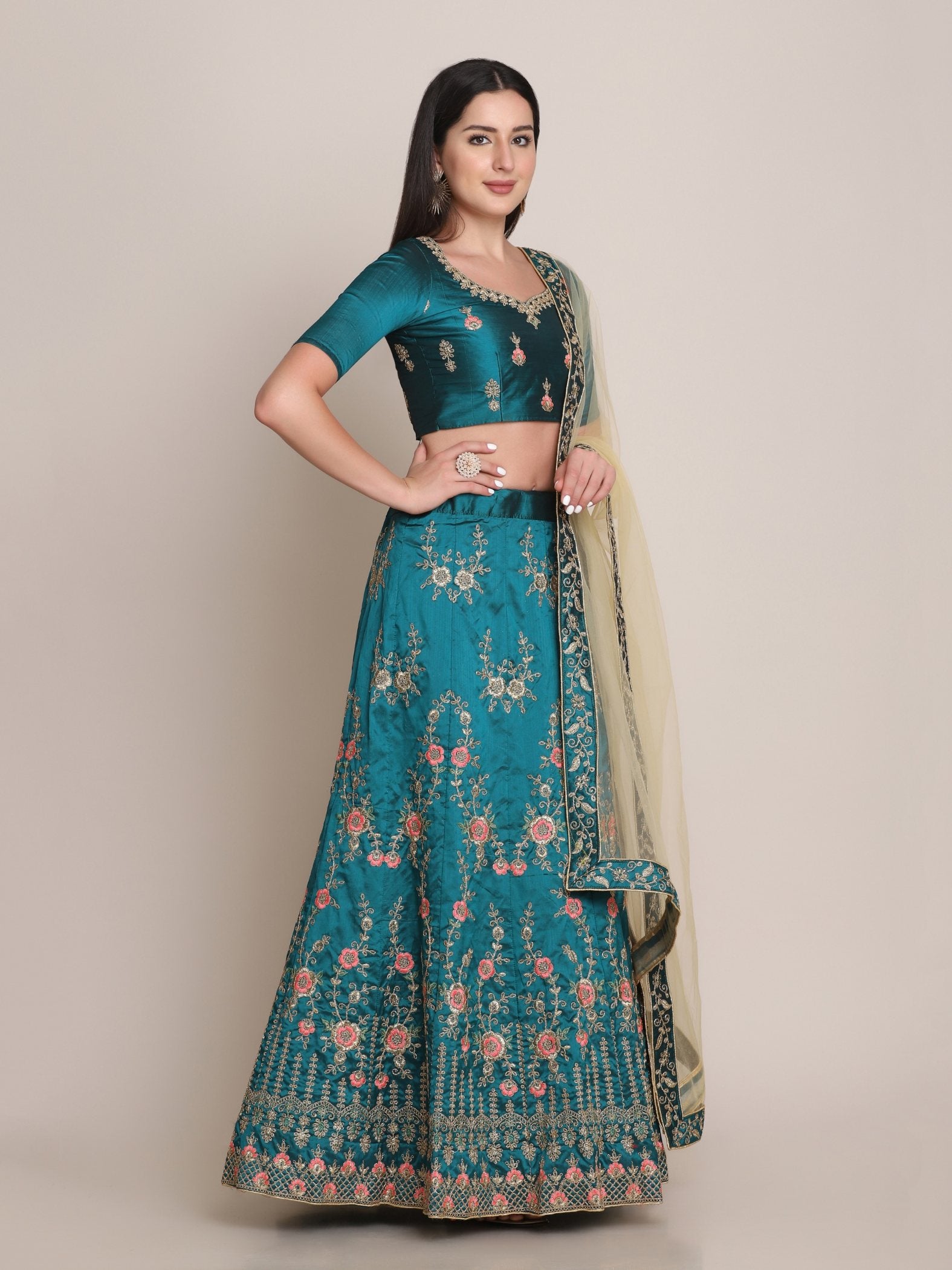 Jyoti Fashion Women's Teal Taffeta Silk Thread Embroidered Lehenga Choli with Dupatta - Distacart