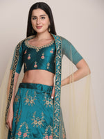 Thumbnail for Jyoti Fashion Women's Teal Taffeta Silk Thread Embroidered Lehenga Choli with Dupatta - Distacart