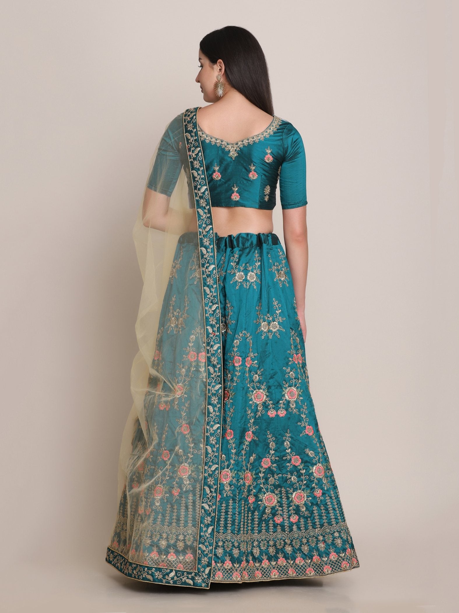 Jyoti Fashion Women's Teal Taffeta Silk Thread Embroidered Lehenga Choli with Dupatta - Distacart
