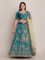 Thumbnail for Jyoti Fashion Women's Teal Taffeta Silk Thread Embroidered Lehenga Choli with Dupatta - Distacart