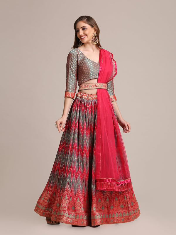 Jyoti Fashion Women's Grey Jacquard Silk Gold Woven & Platted Work Lehenga Choli with Dupatta - Distacart