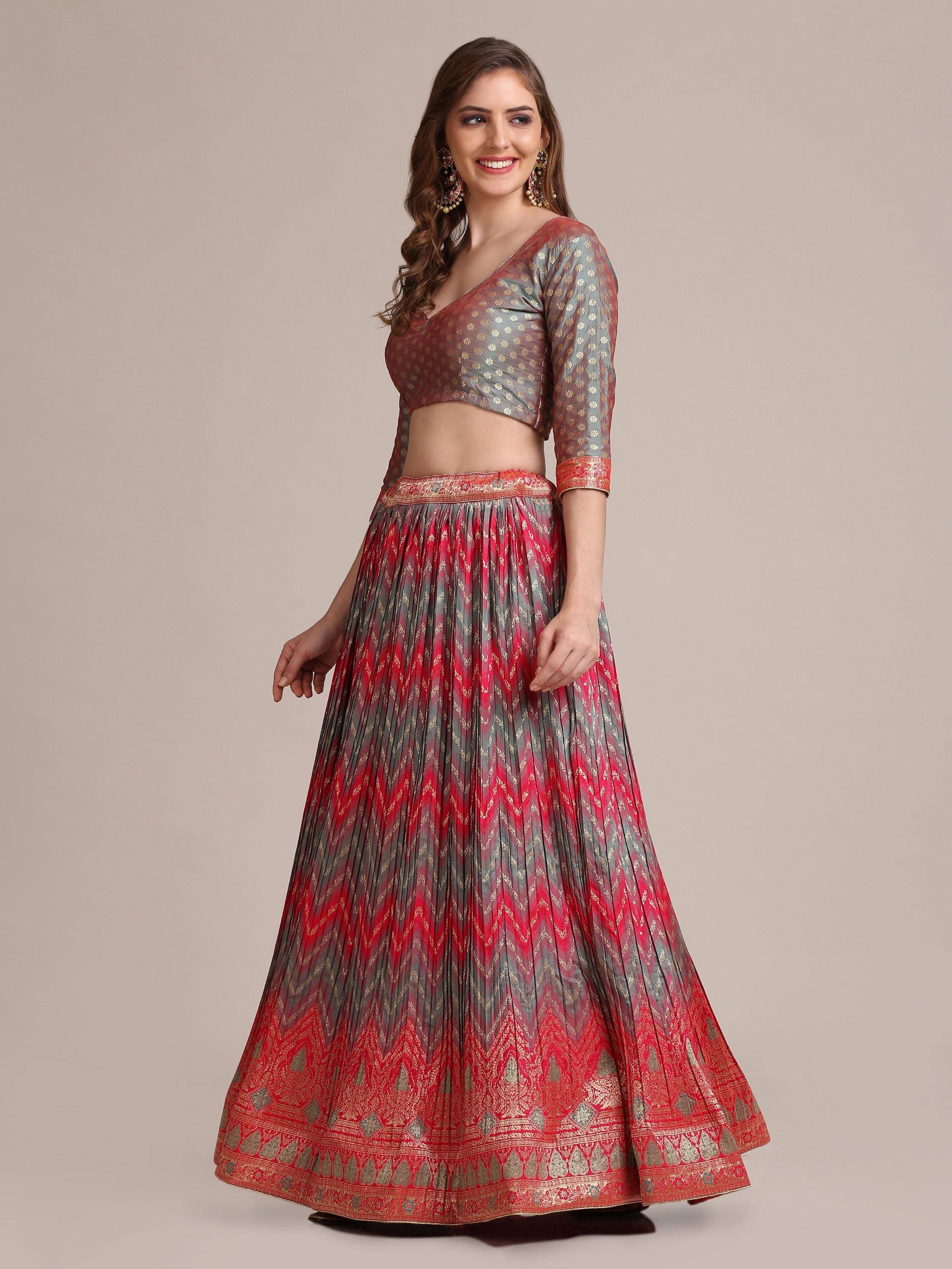 Jyoti Fashion Women's Grey Jacquard Silk Gold Woven & Platted Work Lehenga Choli with Dupatta - Distacart