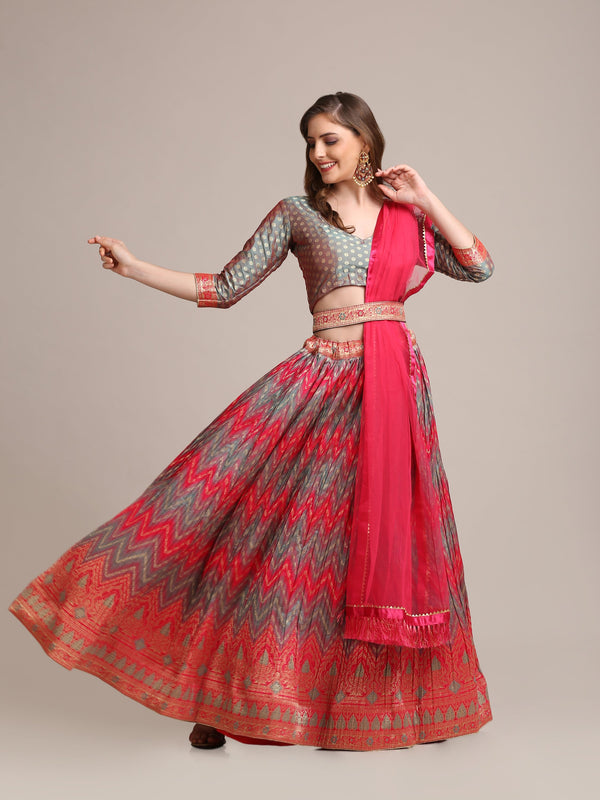 Jyoti Fashion Women's Grey Jacquard Silk Gold Woven & Platted Work Lehenga Choli with Dupatta - Distacart