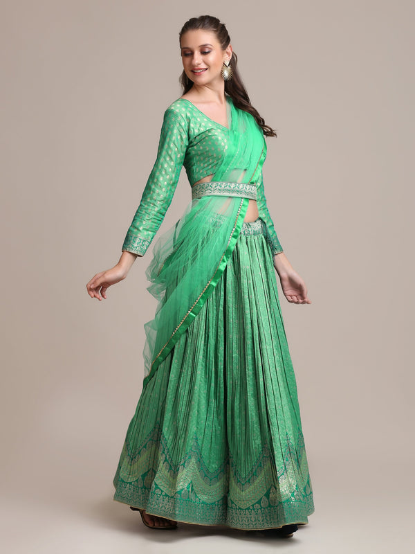 Jyoti Fashion Women's Sea Green Jacquard Silk Gold Woven & Platted Work Lehenga Choli with Dupatta - Distacart
