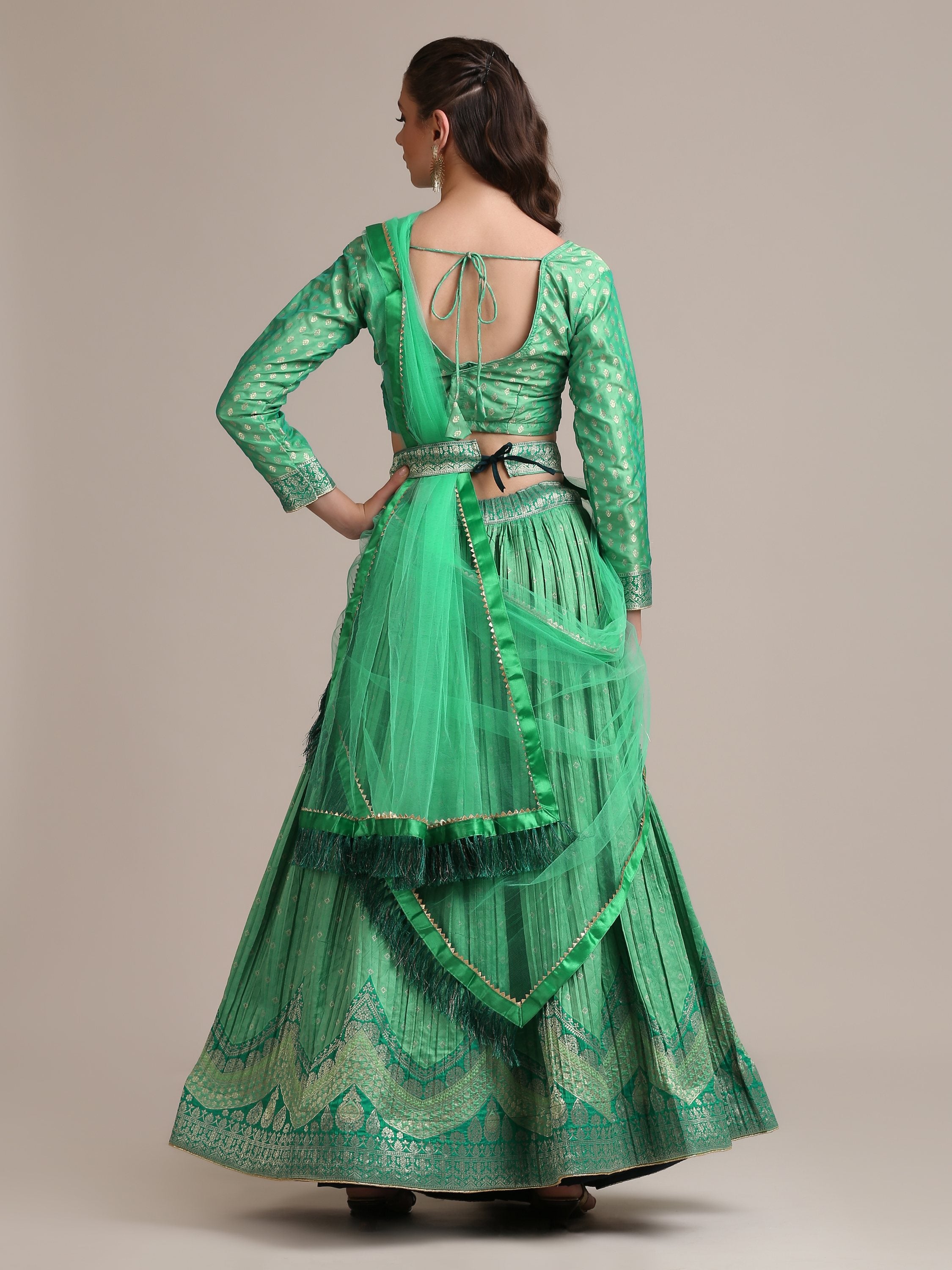 Jyoti Fashion Women's Sea Green Jacquard Silk Gold Woven & Platted Work Lehenga Choli with Dupatta - Distacart