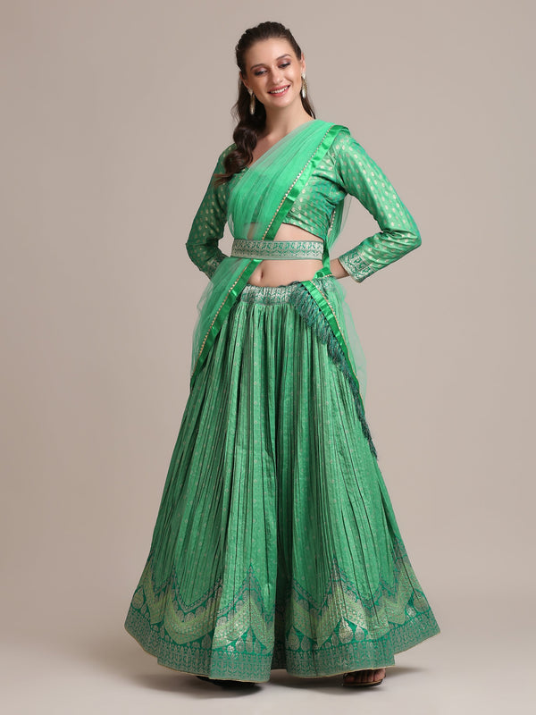 Jyoti Fashion Women's Sea Green Jacquard Silk Gold Woven & Platted Work Lehenga Choli with Dupatta - Distacart