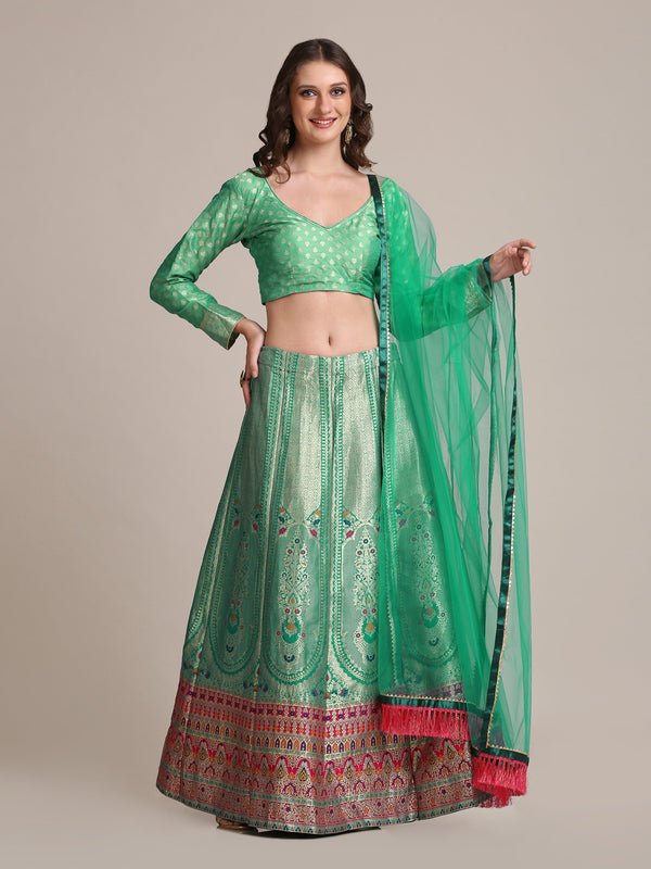 Jyoti Fashion Women's Sea Green Jacquard Silk Gold Woven Work Lehenga Choli with Dupatta - Distacart