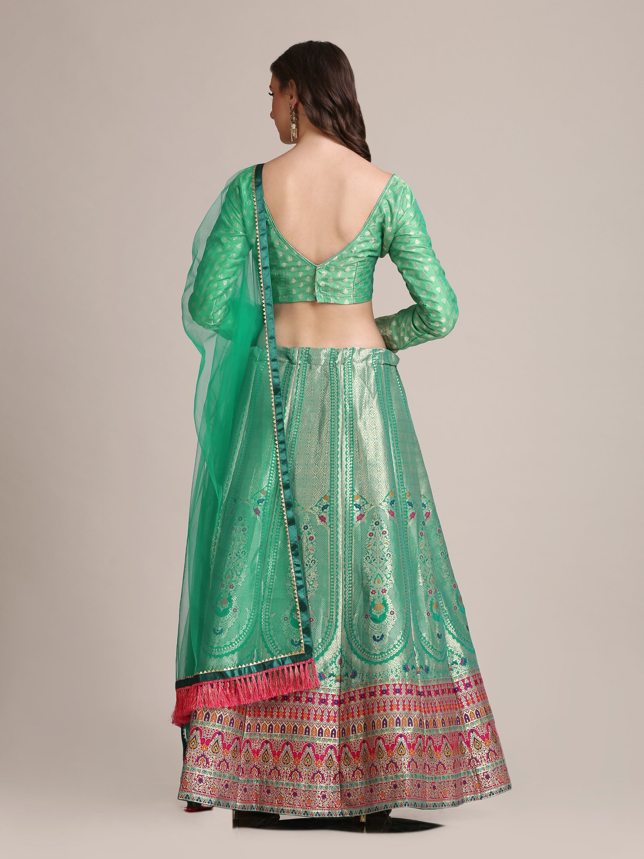 Jyoti Fashion Women's Sea Green Jacquard Silk Gold Woven Work Lehenga Choli with Dupatta - Distacart