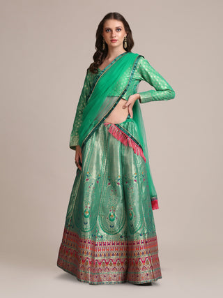 Jyoti Fashion Women's Sea Green Jacquard Silk Gold Woven Work Lehenga Choli with Dupatta - Distacart
