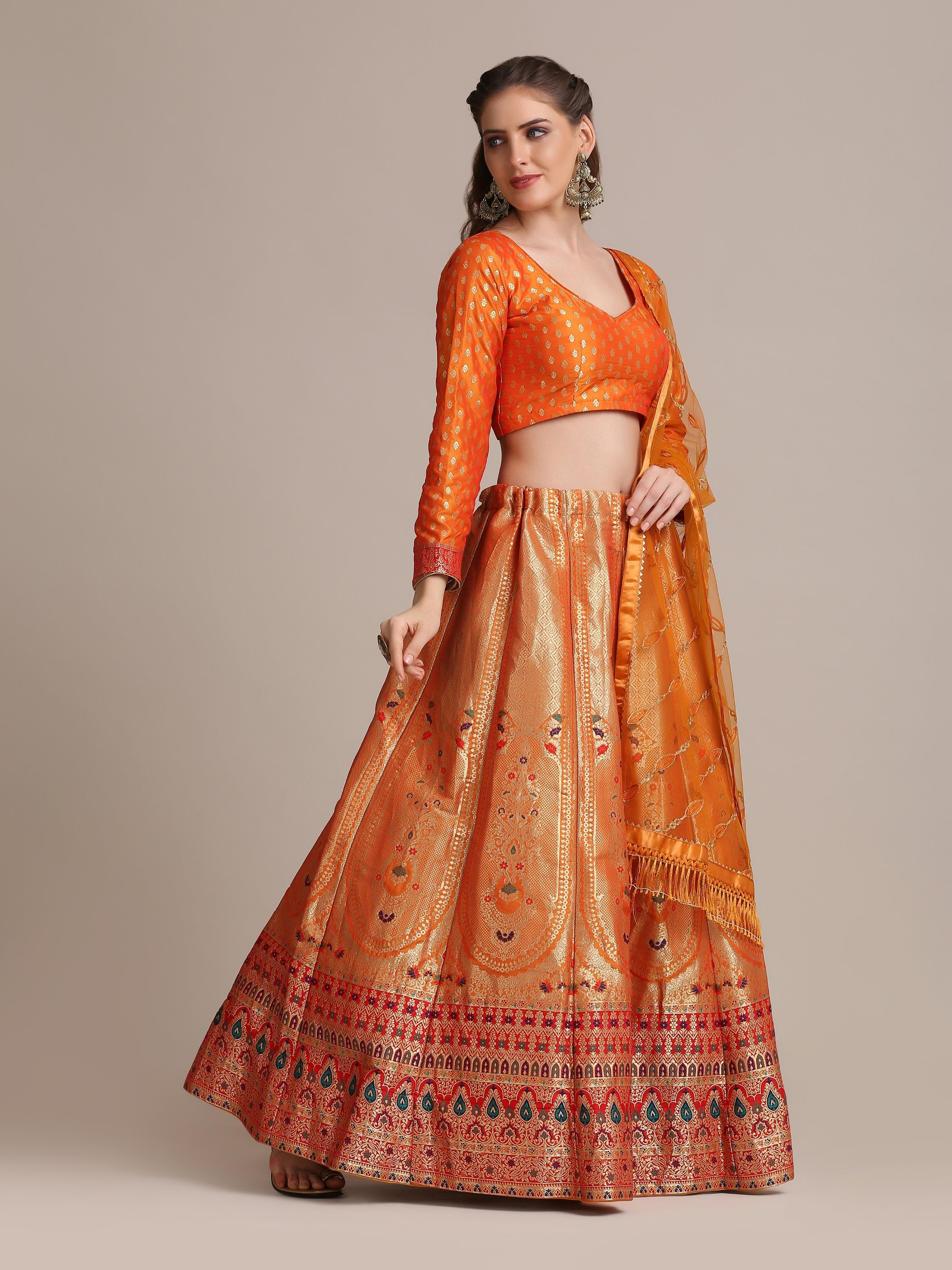 Jyoti Fashion Women's Orange Jacquard Silk Gold Woven Work Lehenga Choli with Dupatta - Distacart