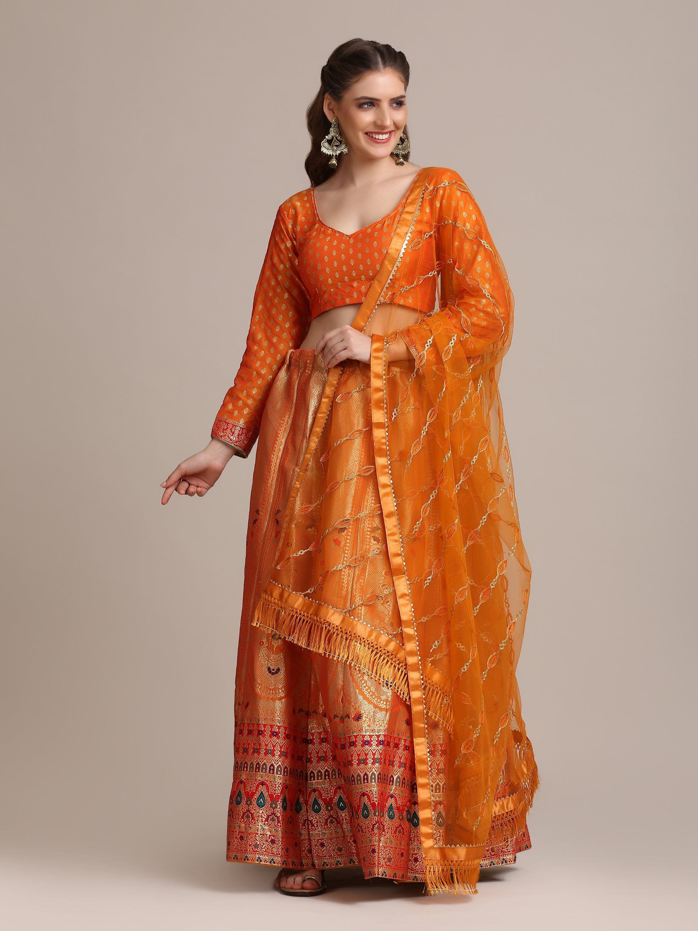 Jyoti Fashion Women's Orange Jacquard Silk Gold Woven Work Lehenga Choli with Dupatta - Distacart