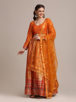Jyoti Fashion Women's Orange Jacquard Silk Gold Woven Work Lehenga Choli with Dupatta - Distacart