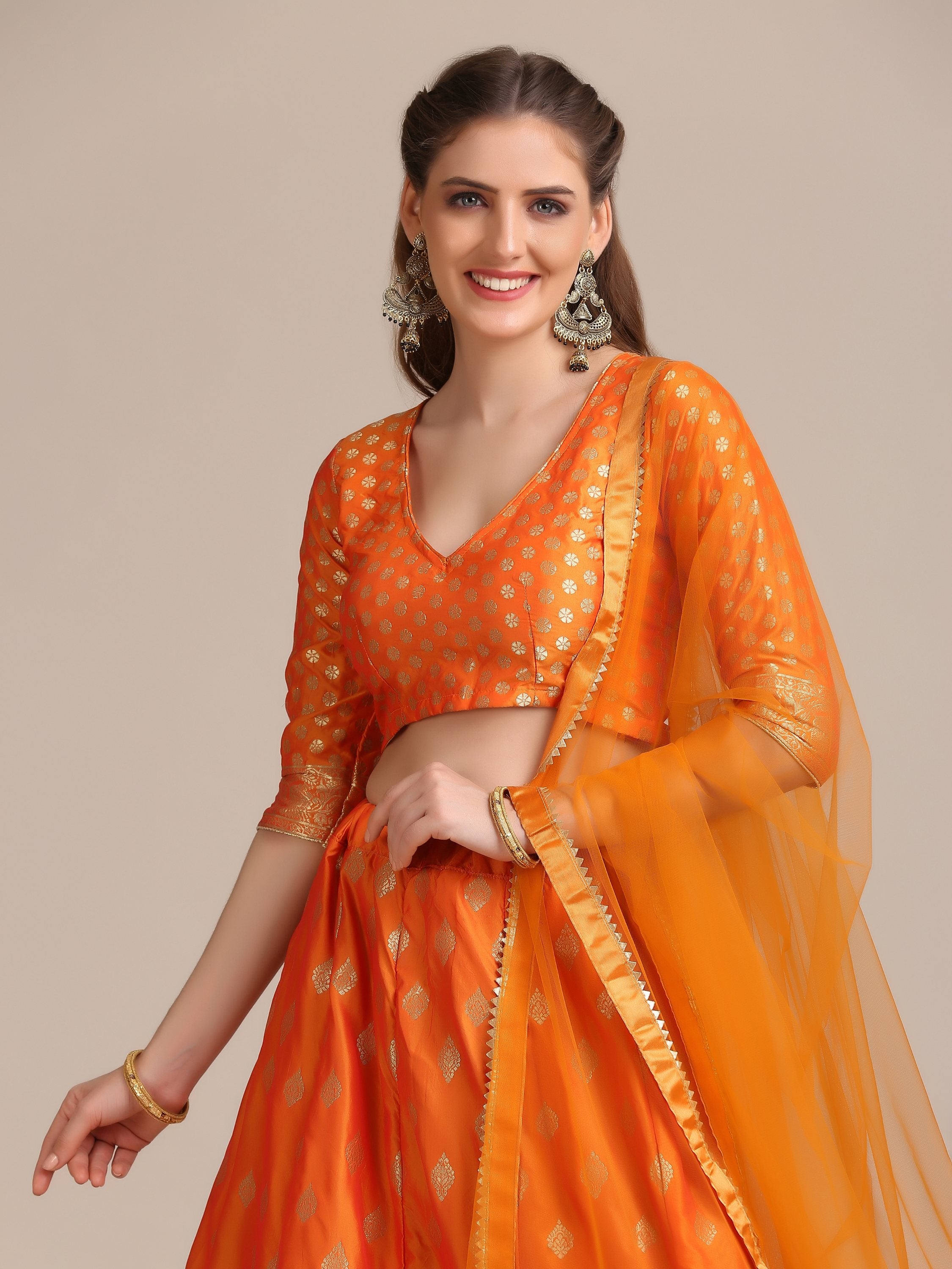 Jyoti Fashion Women's Orange Jacquard Silk Gold Woven Work Lehenga Choli with Dupatta - Distacart