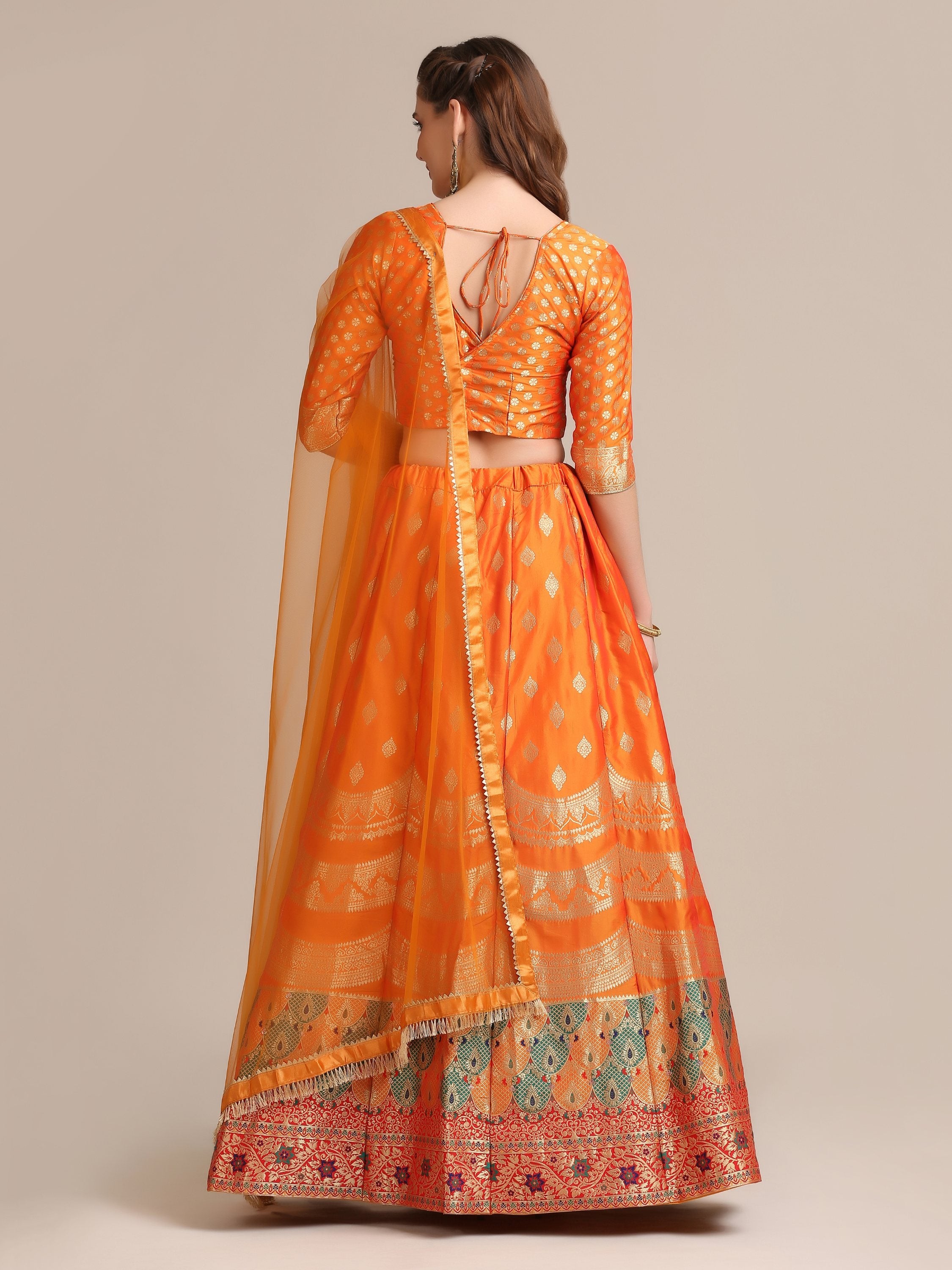 Jyoti Fashion Women's Orange Jacquard Silk Gold Woven Work Lehenga Choli with Dupatta - Distacart