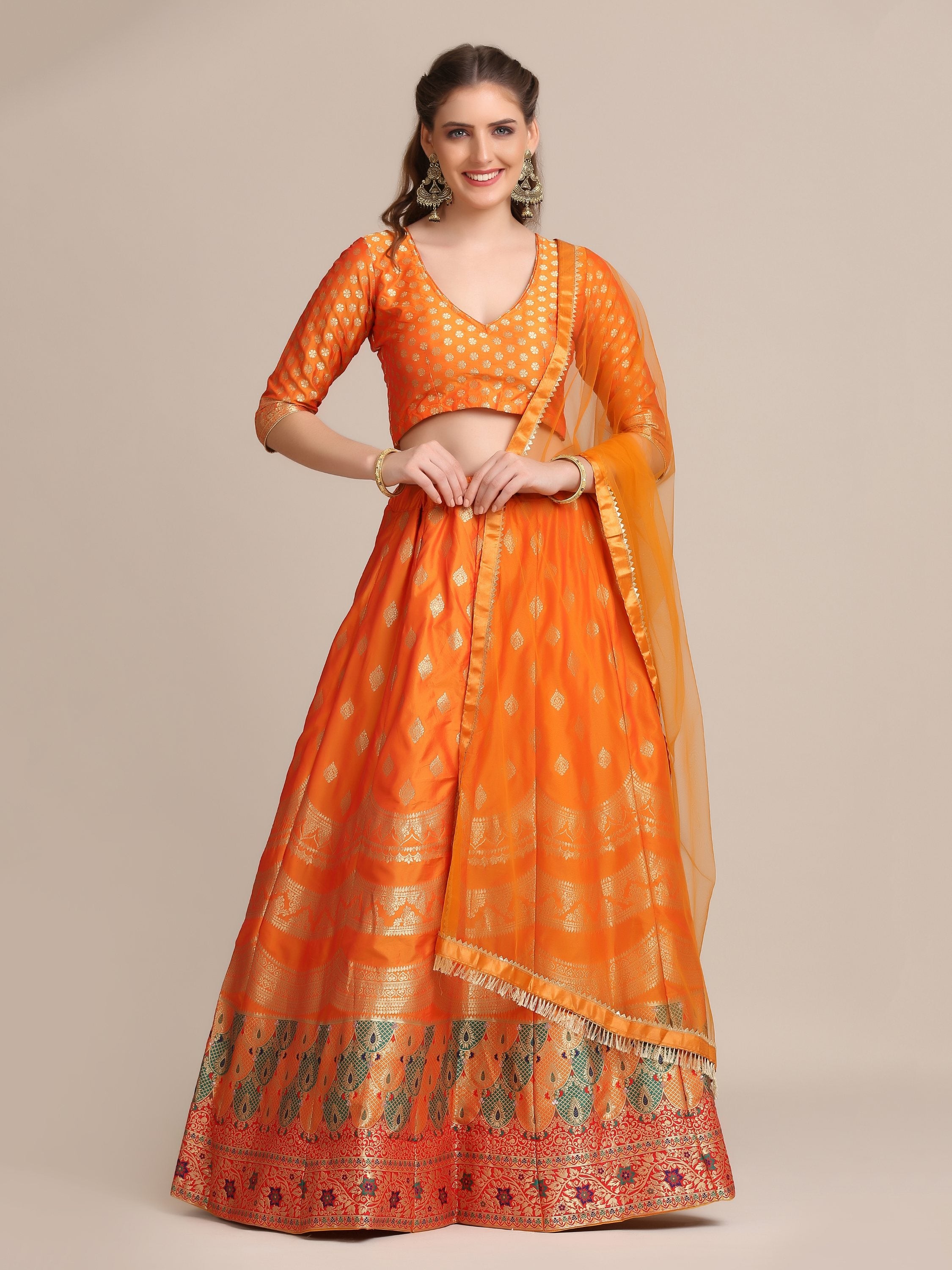 Jyoti Fashion Women's Orange Jacquard Silk Gold Woven Work Lehenga Choli with Dupatta - Distacart