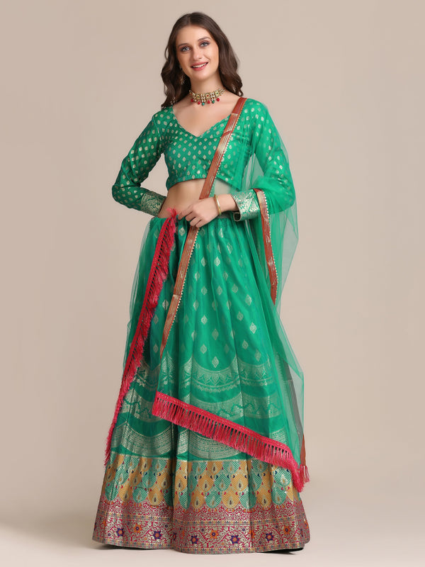 Jyoti Fashion Women's Rama Jacquard Silk Gold Woven Work Lehenga Choli with Dupatta - Distacart