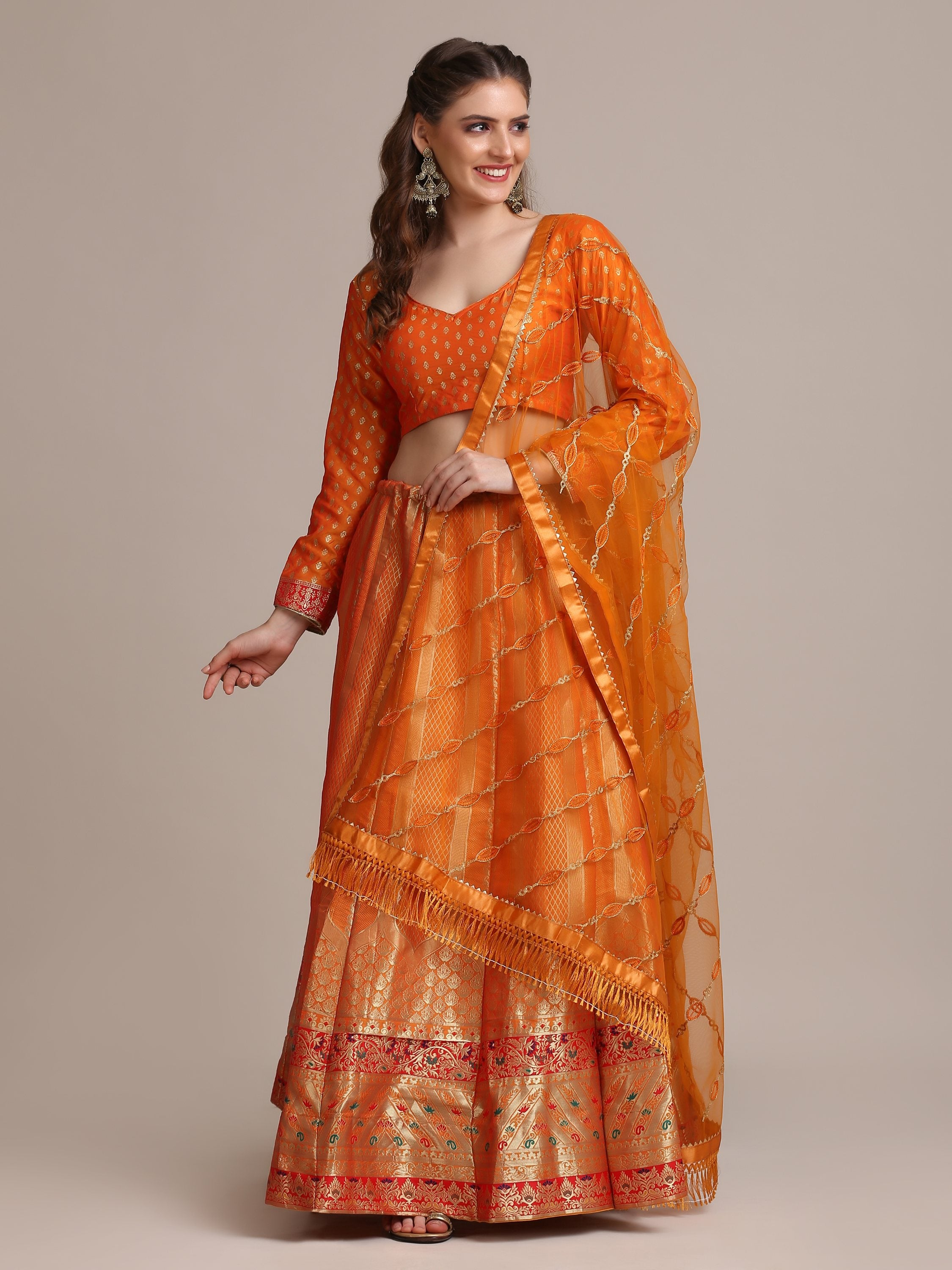 Jyoti Fashion Women's Orange Jacquard Silk Gold Woven Work Lehenga Choli with Dupatta - Distacart