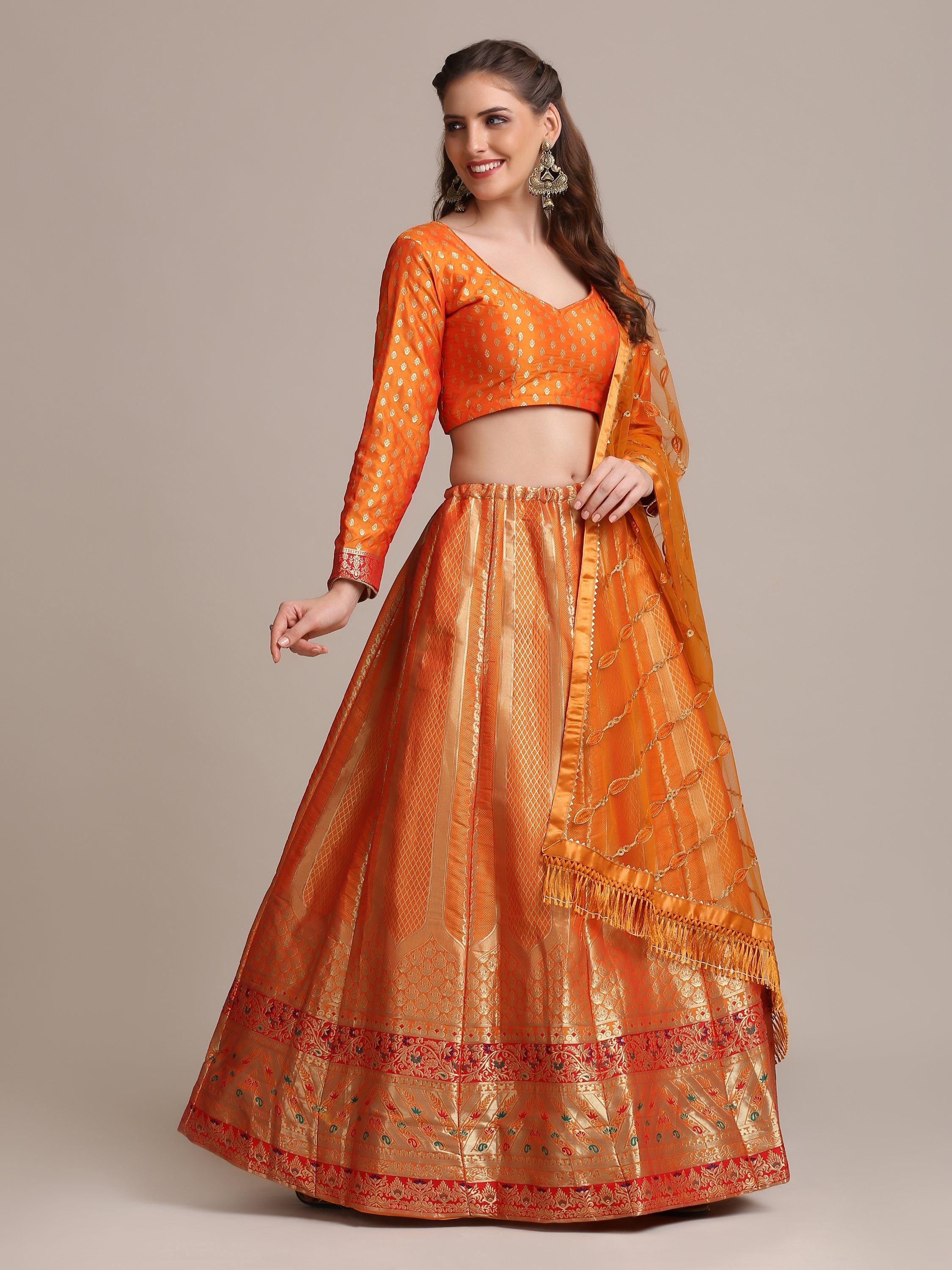Jyoti Fashion Women's Orange Jacquard Silk Gold Woven Work Lehenga Choli with Dupatta - Distacart