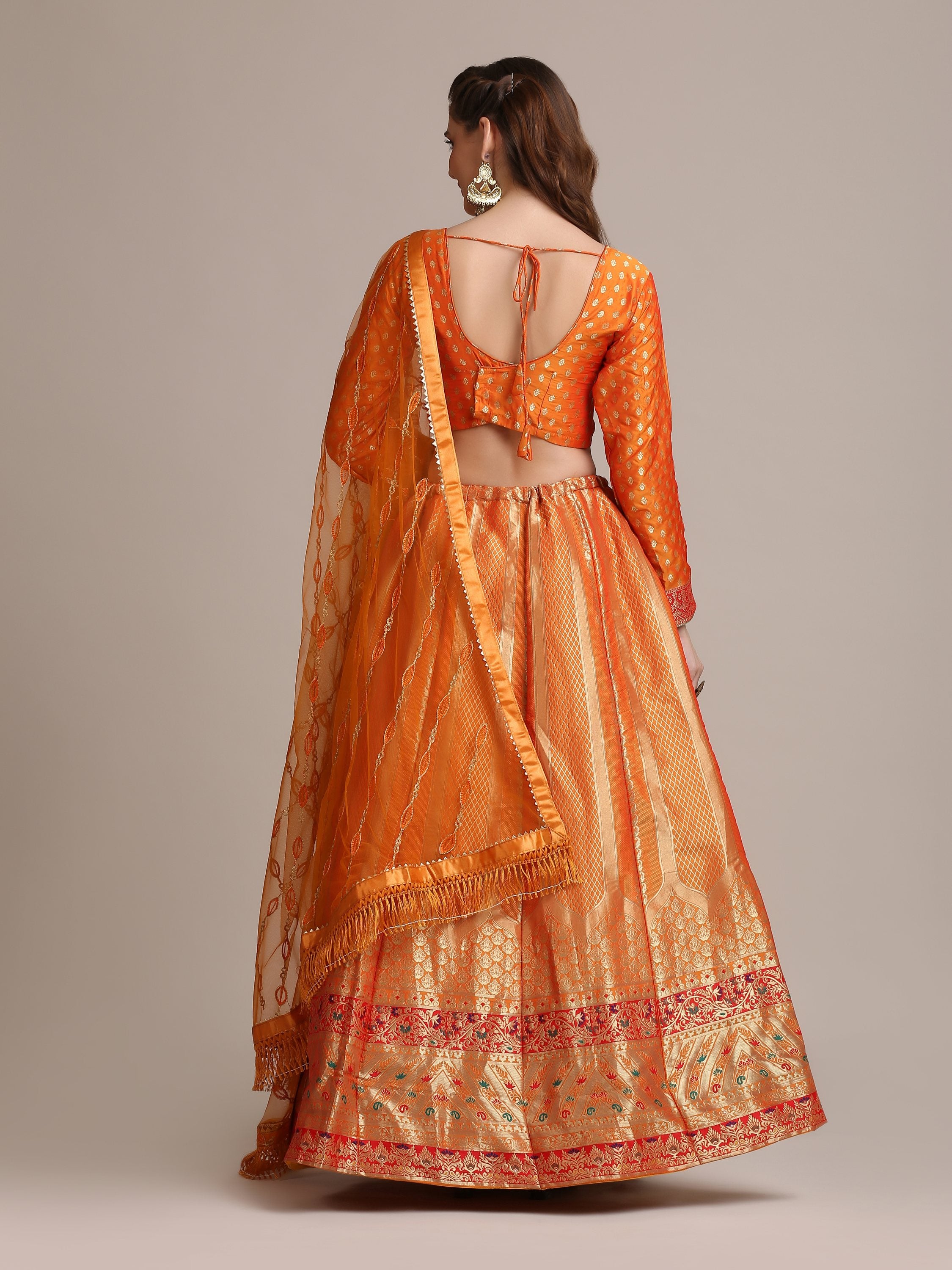 Jyoti Fashion Women's Orange Jacquard Silk Gold Woven Work Lehenga Choli with Dupatta - Distacart