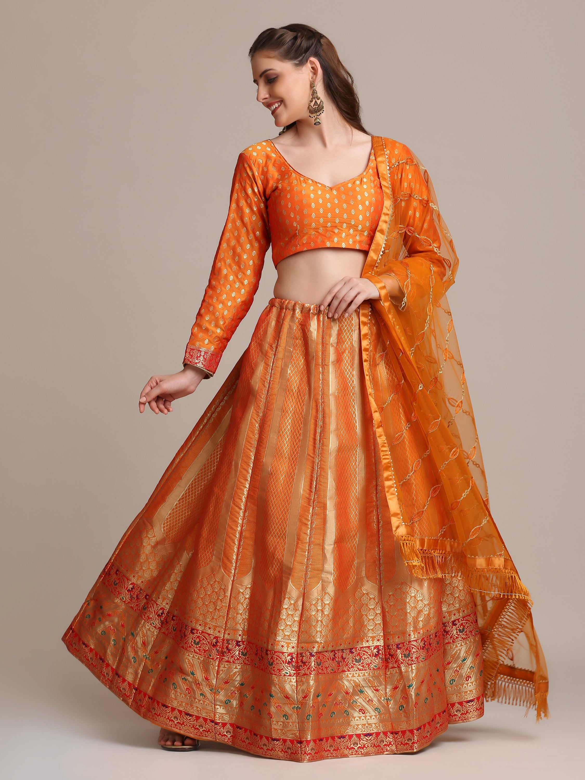 Jyoti Fashion Women's Orange Jacquard Silk Gold Woven Work Lehenga Choli with Dupatta - Distacart