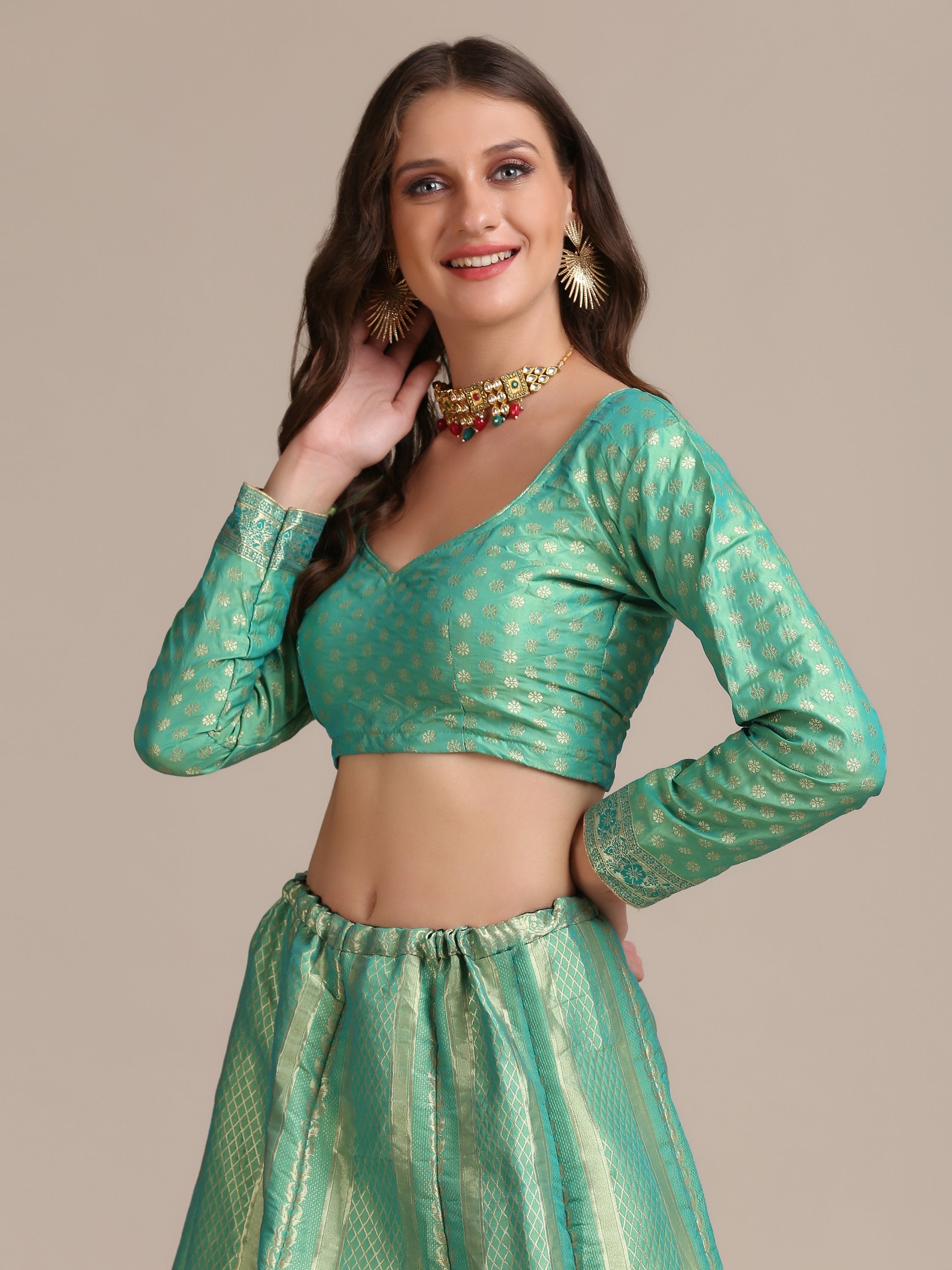 Jyoti Fashion Women's Sea Green Jacquard Silk Gold Woven Work Lehenga Choli with Dupatta - Distacart