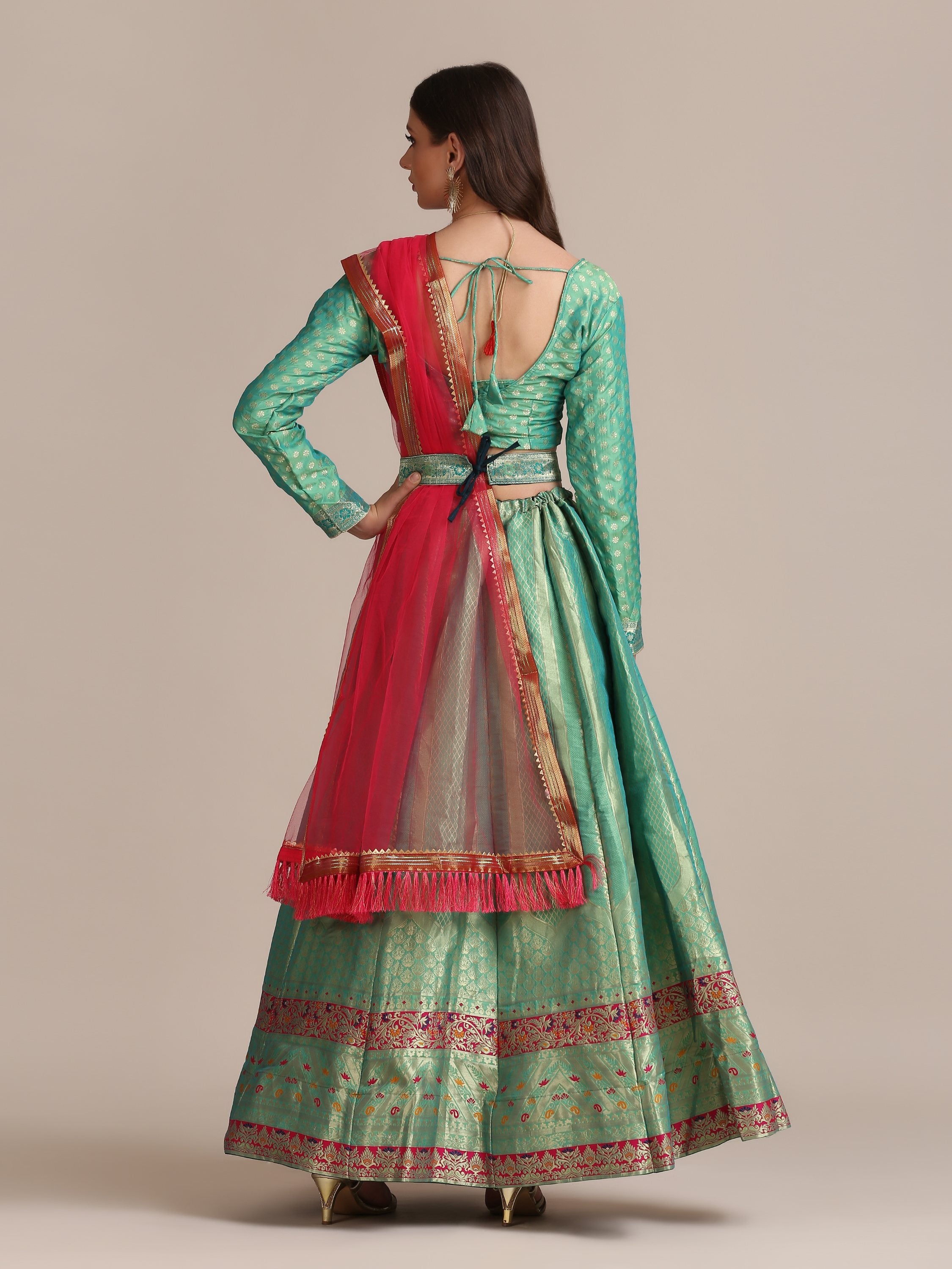 Jyoti Fashion Women's Sea Green Jacquard Silk Gold Woven Work Lehenga Choli with Dupatta - Distacart