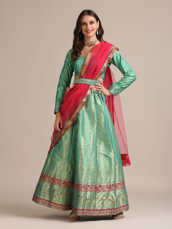 Jyoti Fashion Women's Sea Green Jacquard Silk Gold Woven Work Lehenga Choli with Dupatta - Distacart
