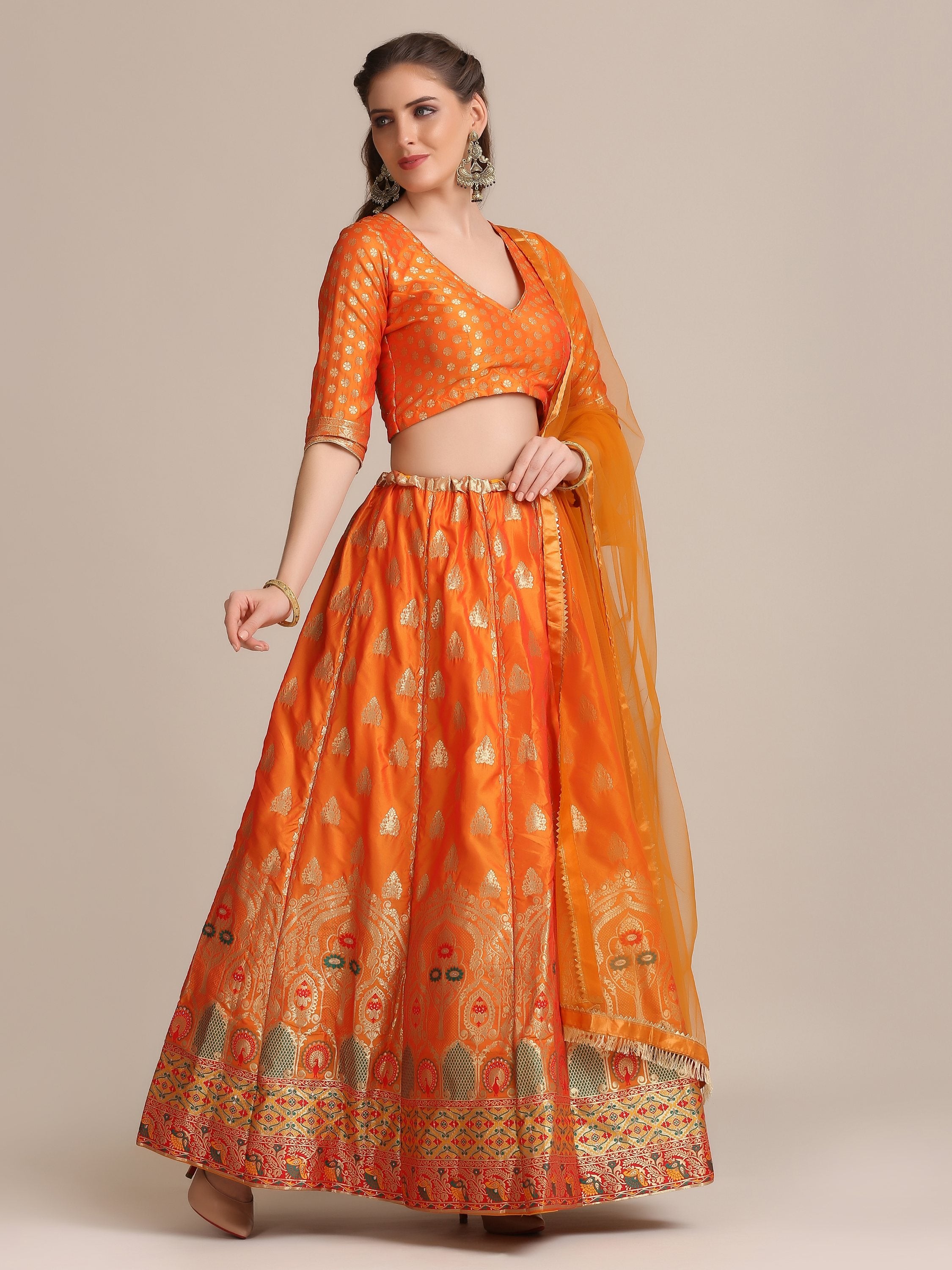 Jyoti Fashion Women's Orange Jacquard Silk Gold Woven Work Lehenga Choli with Dupatta - Distacart