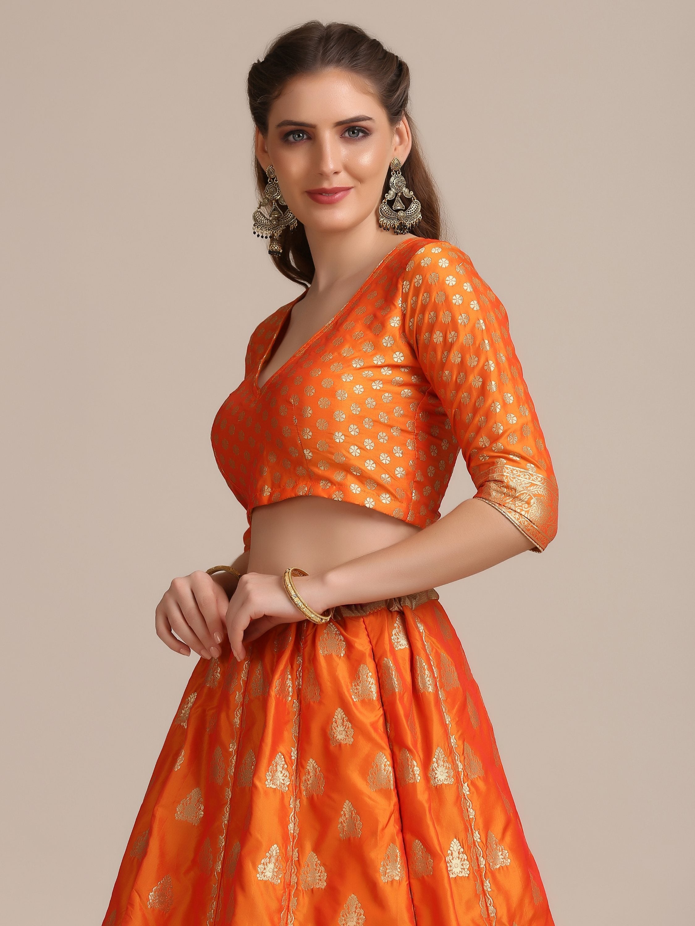 Jyoti Fashion Women's Orange Jacquard Silk Gold Woven Work Lehenga Choli with Dupatta - Distacart