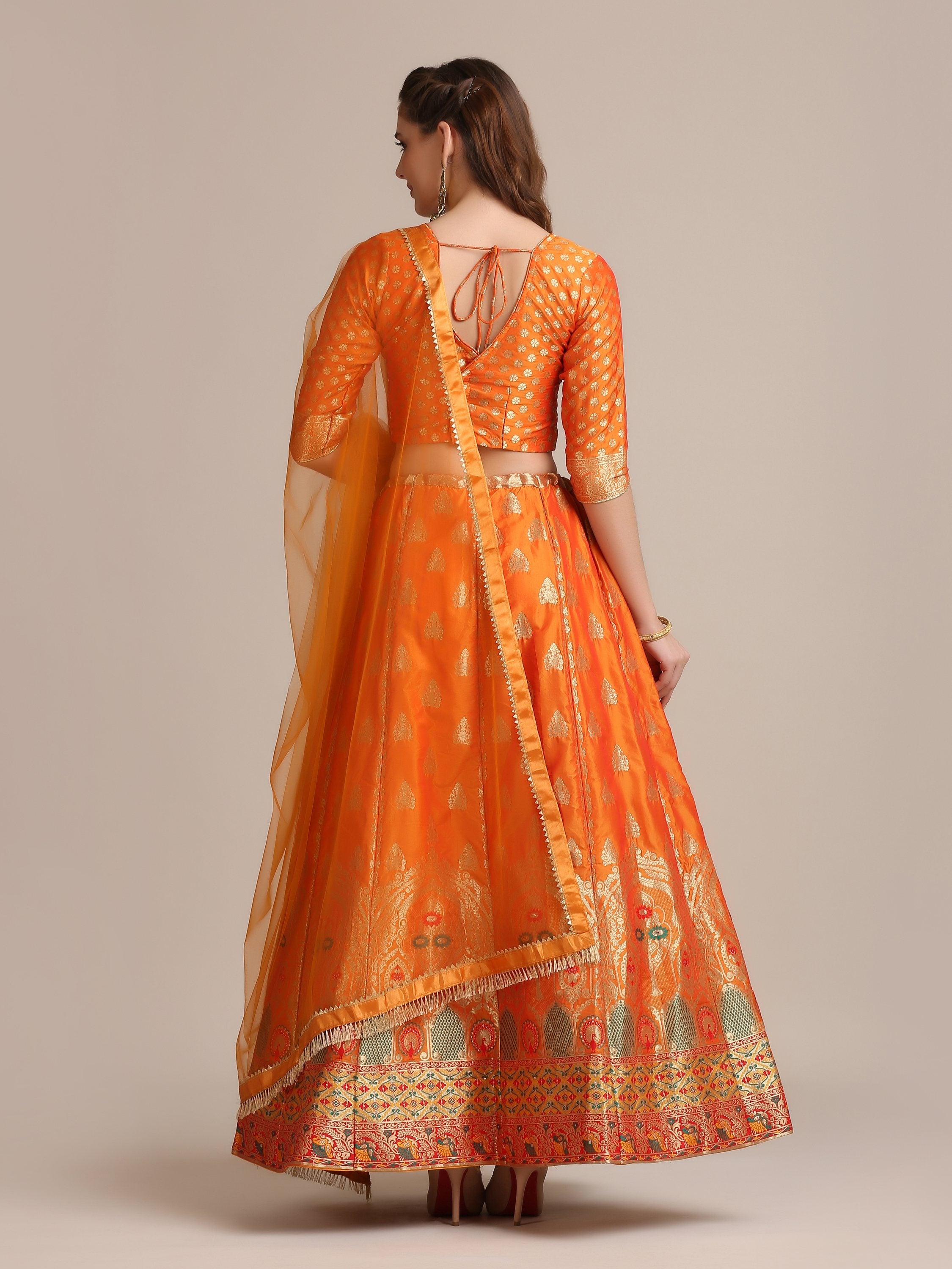 Jyoti Fashion Women's Orange Jacquard Silk Gold Woven Work Lehenga Choli with Dupatta - Distacart
