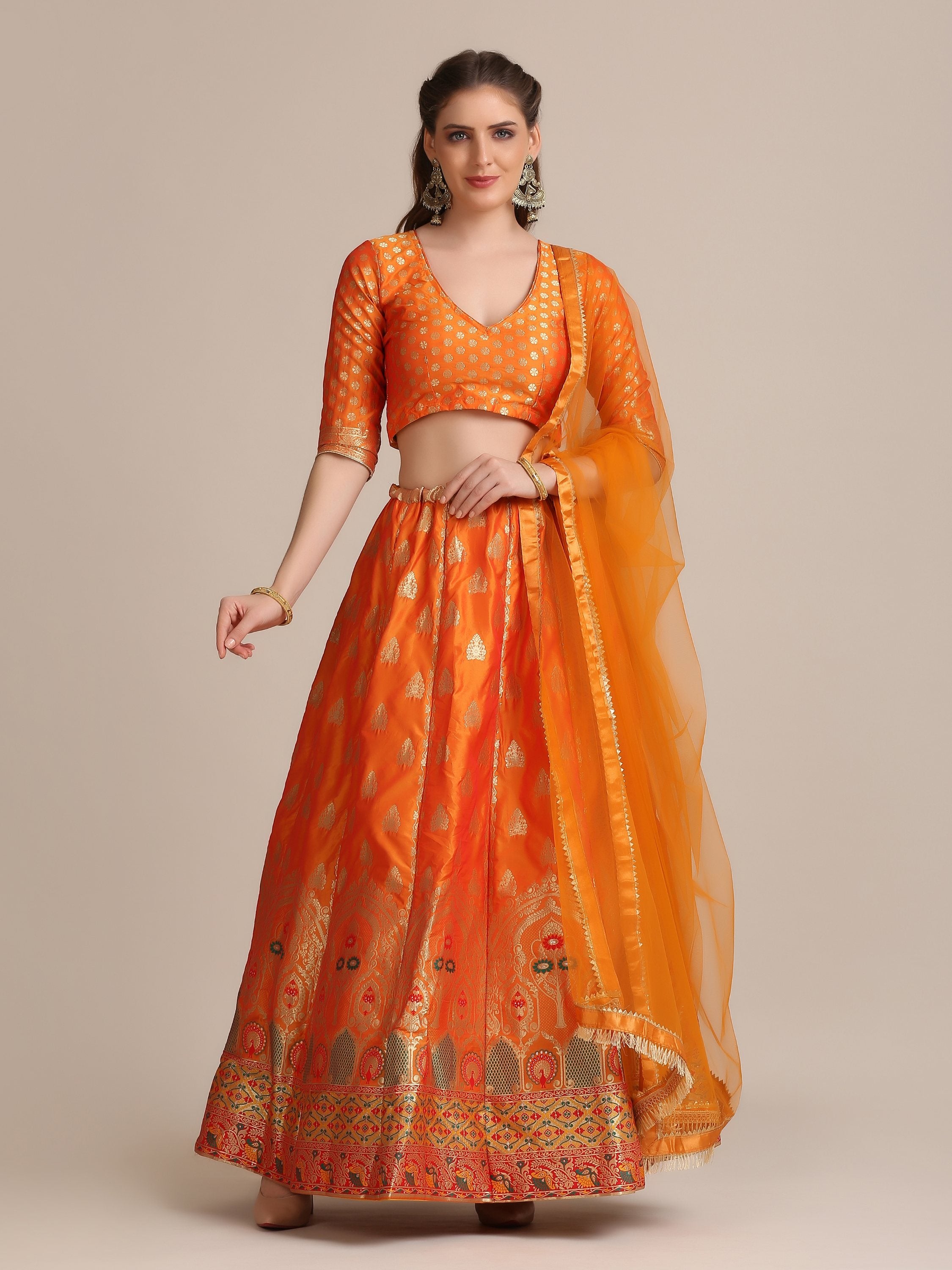 Jyoti Fashion Women's Orange Jacquard Silk Gold Woven Work Lehenga Choli with Dupatta - Distacart