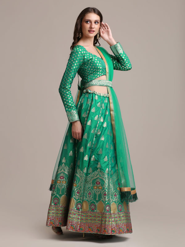 Jyoti Fashion Women's Rama Jacquard Silk Gold Woven Work Lehenga Choli with Dupatta - Distacart
