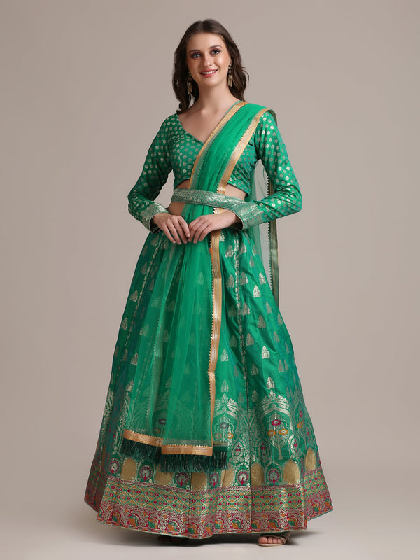 Jyoti Fashion Women's Rama Jacquard Silk Gold Woven Work Lehenga Choli with Dupatta - Distacart