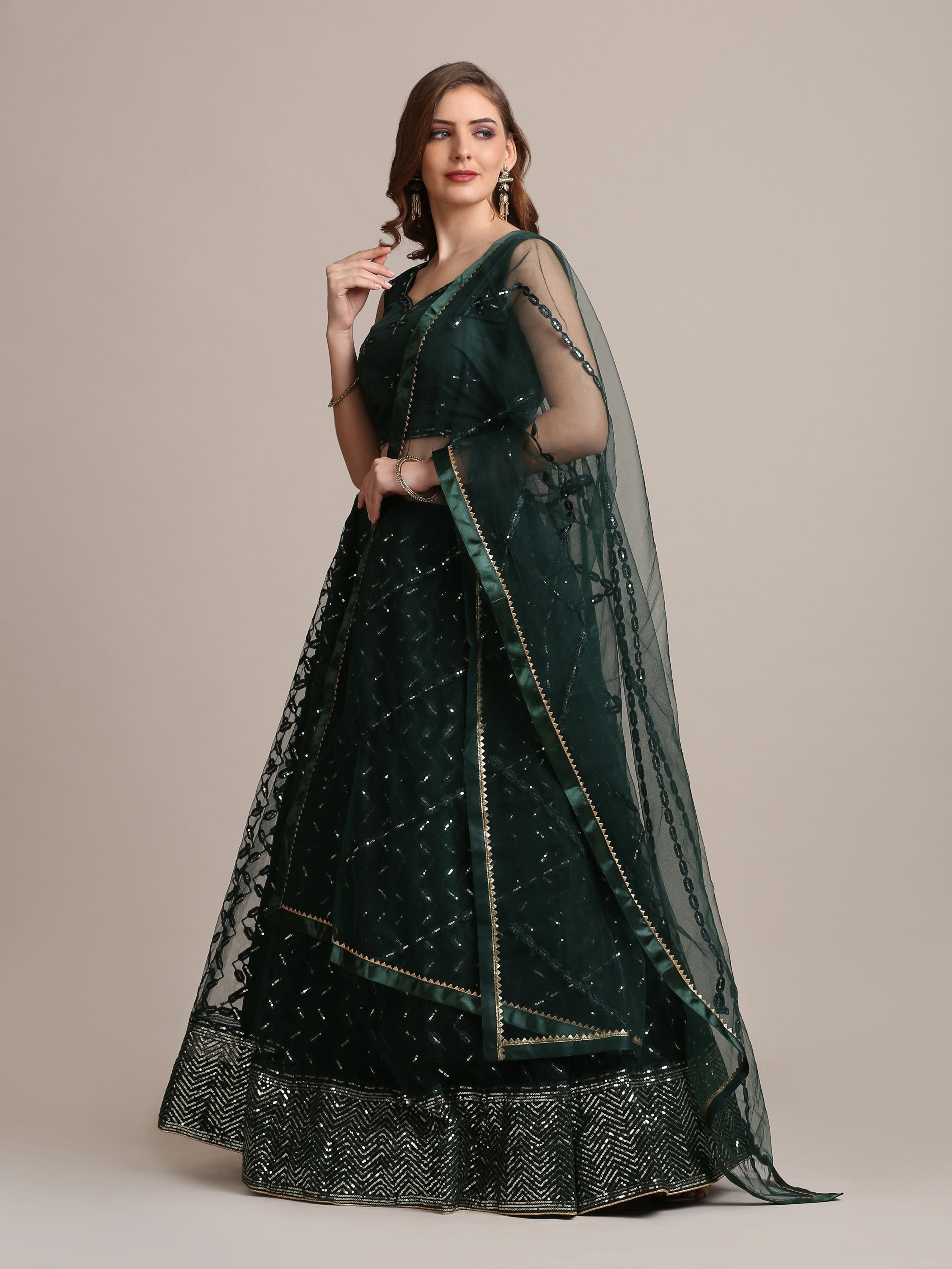 Jyoti Fashion Women's Dark Green Net Embellished Lehenga Choli with Dupatta - Distacart