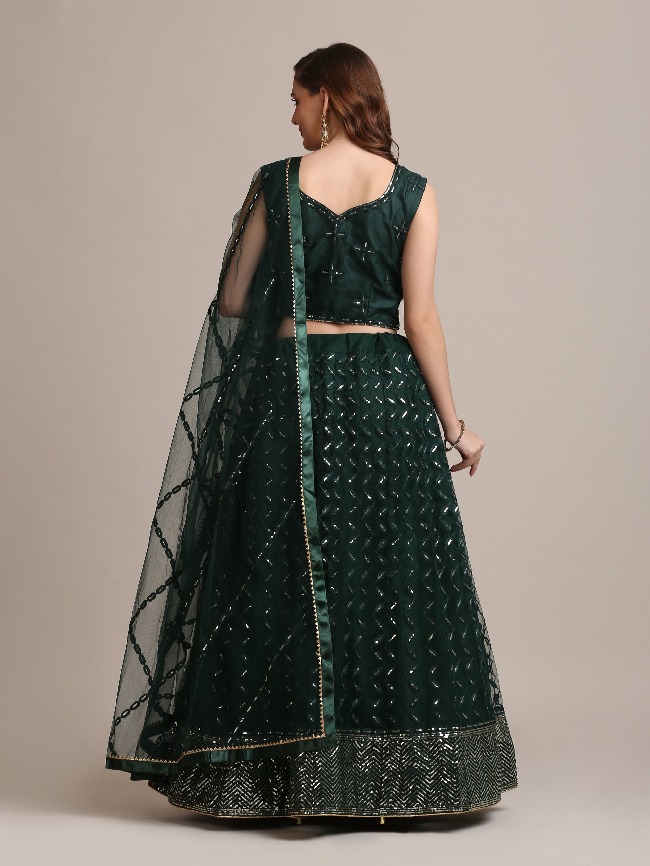 Jyoti Fashion Women's Dark Green Net Embellished Lehenga Choli with Dupatta - Distacart