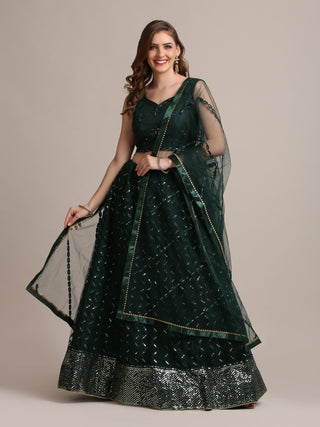 Jyoti Fashion Women's Dark Green Net Embellished Lehenga Choli with Dupatta - Distacart