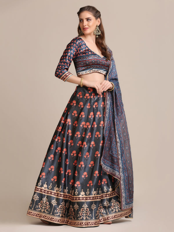 Jyoti Fashion Women's Dark Grey Jacquard Silk Floral Printed Lehenga Choli with Dupatta - Distacart