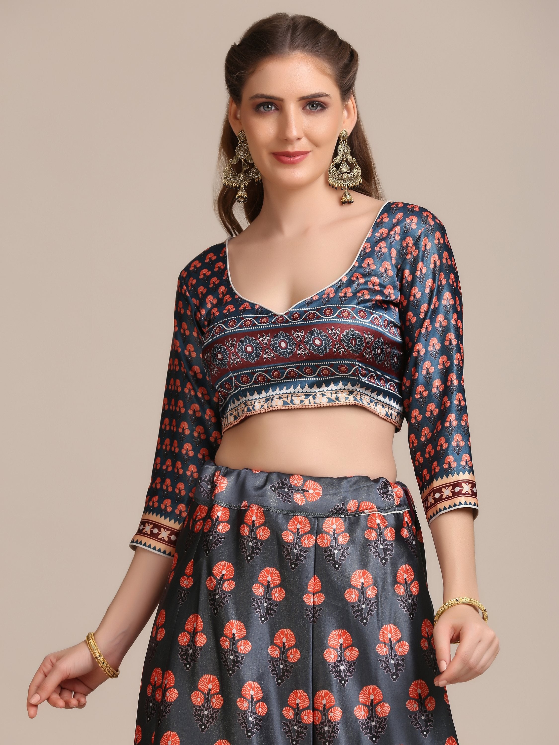 Jyoti Fashion Women's Dark Grey Jacquard Silk Floral Printed Lehenga Choli with Dupatta - Distacart